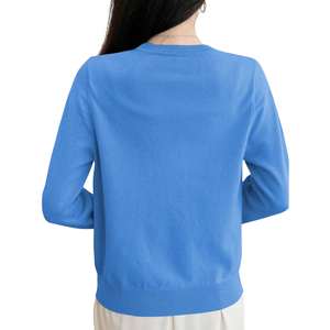 Women Solid Blue Knit <b>Cardigan</b> <b>Sweater</b> Long Sleeve Button Front Round Neck Casual Simple Spring Fashion Top Office Daily Wear - Product Image 2
