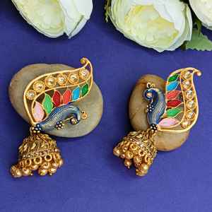 Indian Jewellery Manufacturers Crystal Kundan Enamel <b>Jhumka</b> Jhumki Peacock <b>Earrings</b> Set for Women Jewelry Wholesale - Product Image 2