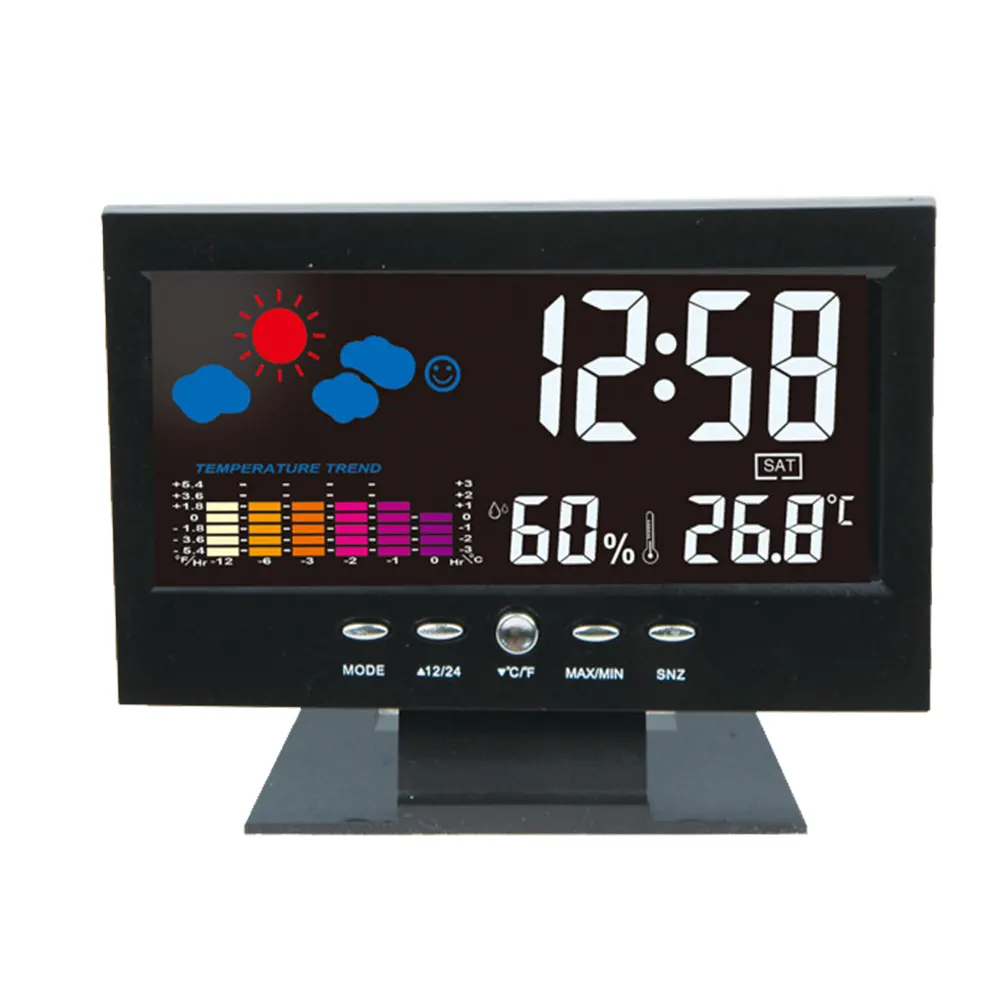 Desktop Voice Control Alarm Clock LED Temperature and Humidity Monitor Digital Weather Station Clock