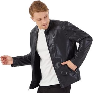 Veste en cuir de vache décontractée pour homme, automne-hiver, col montant, fermeture éclair, logo sur le devant, haute qualité, écologique, respirante - Product Image 3