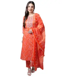Rajnandini独家传统设计师橙色Kurta套装Kurti裤子，花式dupatta，适合节日美女