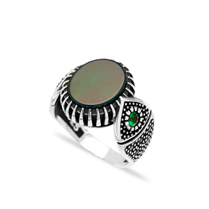 Round Cut Green Gemstone Round Black Zircon Stone Design Ottoman <b>Men's</b> <b>Ring</b> Turkish Handmade Wholesale Authentic <b>Silver</b> <b>Men</b> <b>Ring</b> - Product Image 1
