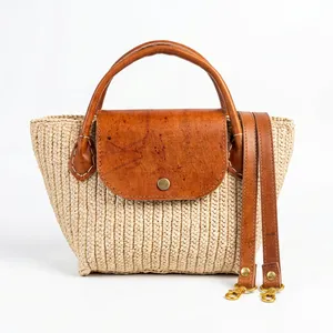 Sac à bandoulière bohème en raphia pour femme avec fermeture à rabat en cuir, sac à main portable d'été, couleur unie beige - Product Image 6