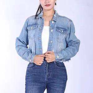 Hot Wholesale Cropped Katoenen Denim Jack Lichtblauw Dames Ademend Jack Jeans Met Volledige Mouwen Damesjassen