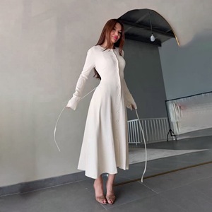 Automne nouvelle mode femmes bouton Cardigan à manches longues taille haute décontracté solide avant Midi robe trapèze - Product Image 6