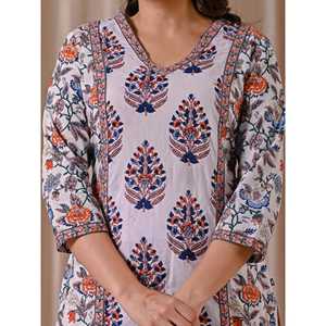 White Cotton Straight Fit Kurti Butta Block Print Ethnic Indian <b>Dress</b> for Women Pakistani Styled Saree Salwar Kameez Stitched - Product Image 2