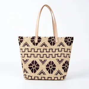 Bolso Tote de Paja Estilo Bohemio con Patrón Bordado, Abierto por Arriba, para Compras en Todas las Estaciones - Product Image 3