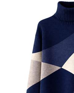 Pull en maille à col roulé pour femme, personnalisé, haut de gamme, à blocs de couleur, doux, chaud, pull d'hiver, décontracté, tendance, bleu marine - Product Image 5