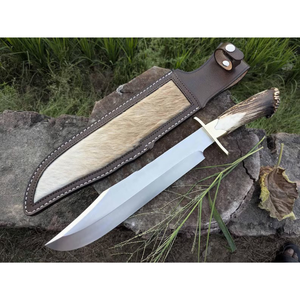 Cuchillo Bowie fijo de espiga completa de acero de alto carbono hecho a medida Funda de cuero de Búfalo con mango de cuerno. - Product Image 1