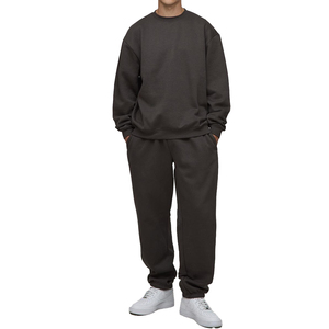 Ensemble de survêtement 2 pièces à col rond noir uni, coupe décontractée, en polaire, avec logo personnalisé, taille élastique, pour l'hiver et le streetwear - Product Image 4