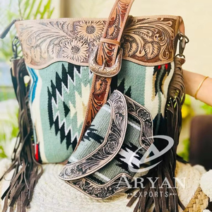 กระเป๋าถือหนัง Aztec Tooled สไตล์ตะวันตกดั้งเดิม,กระเป๋าสะพายไหล่และชุดคอมโบที่ไม่ซ้ำใครสำหรับผู้หญิง - Product Image 1