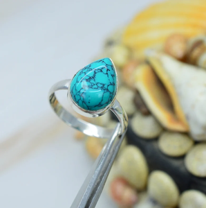 Anillo de Plata de Ley 925 elegante estilo bohemio azul turquesa acento cristiano regalo religioso anillo de piedras preciosas naturales para ella - Product Image 1