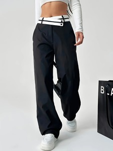 Pantalones rectos elegantes de cintura alta a la moda para mujer, pantalones de pierna recta adelgazantes Vintage de Color sólido informales para mujer - Product Image 2