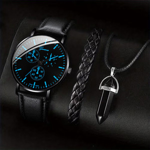 Set di 3 Orologi al Quarzo da Uomo, Cinturino in Pelle Casual, Stile Business, Display Analogico, Quadrante da 43mm, Fase Lunare, Riserva di Carica, Cassa in Plastica - Product Image 1