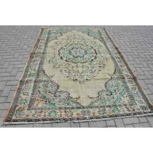 Alfombra Vintage, Alfombra Grande de 6.1x9.2 pies, Alfombra de Lana Verde Marrón - Product Image 1