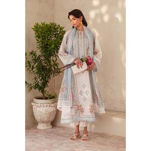 Women's <b>White</b> Full Sleeve Embroidered 100% Cotton <b>Chiffon</b> Lawn Fabric Dress 3-Piece Set UF-4402 - Product Image 5