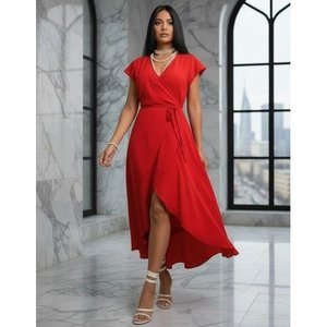 Women's <b>Short</b>-Sleeved Wrap-Neck Midi Aerobin <b>Dress</b> with Belted Waist, 35305 - <b>Red</b> - Product Image 3