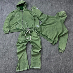 Conjunto de chándal de algodón grueso con efecto desgastado, estilo urbano vintage, con capucha y cremallera, y pantalones de chándal, al por mayor - Product Image 1