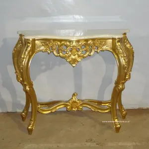 Antique Reproduction Hall Table Gold Leaf Console Table with Marble Top Craved to Furnished French Style Home Furniture