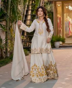 Traje de diseñador étnico paquistaní indio moderno de alta calidad tela Georgette de imitación pesada Sharara Palazzo Dupatta ocasiones especiales - Product Image 1