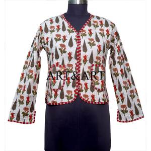 Women's 100% Cotton Short Spring Floral Print <b>Quilted</b> Jacket with Breathable Hand Block Design Button Pockets Full Sleeves - Product Image 1