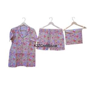Conjunto de Pijama Corto para Mujer, 100% Algodón Puro, Estampado Floral Indio Romántico de Verano, Transpirable, Cuello en V, Cierre con Cordón, Suave - Product Image 6