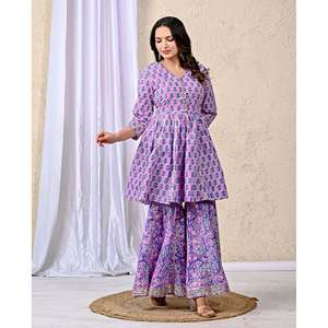 ชุดชาราร่าผ้าฝ้ายพิมพ์ลายสีม่วงสำหรับผู้หญิง ชุดลำลองสำหรับผู้หญิงพร้อมเสื้อแขนสามส่วน - Product Image 5