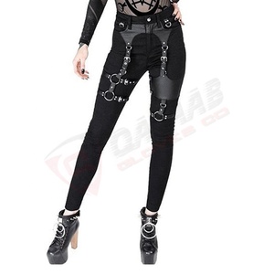 ผู้หญิงแฟชั่นสีดํา Street-สวมใส่ท่อสีดํา Harnessed-Denim เอวสูง Slimmed-Fit O-แหวนกางเกงกอธิค - Product Image 4