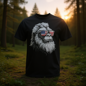 T-shirt promozionale personalizzata con bandiera USA e Bigfoot con occhiali da sole - Product Image 3