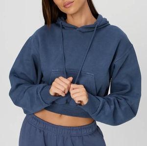 Sweat à capuche court lavé à l'acide pour femmes pantalons de survêtement à jambes larges survêtement confortable en coton éponge français pour cordon de serrage d'hiver - Product Image 4