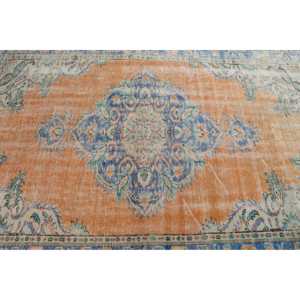 พรมตุรกี ขนาด 5.8x8.7 ฟุต พรมวินเทจ พรมขนสัตว์ลายดอกไม้สีส้มน้ำเงิน - Product Image 5