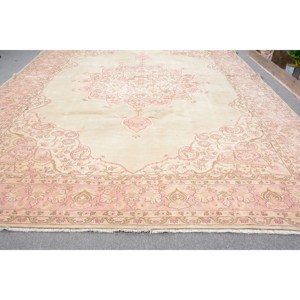 พรมตุรกีโบราณทรงสี่เหลี่ยมผืนผ้าขนาดใหญ่6.9 x 10.6ft คลาสสิกสีชมพูเบจสไตล์แอบสต่อผ้าขนแกะสำหรับตกแต่งห้องโถงห้อง - Product Image 3