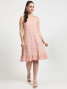 Sati Factory verano Casual Floral geométrico triángulo estampado vestido rosa Beige sin mangas suelta silueta volante dobladillo hasta la rodilla - Product Image 3