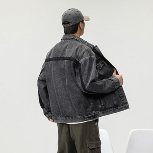 Veste en jean surdimensionnée personnalisée pour homme avec col montant, style vintage délavé, fermeture éclair pour un usage décontracté - Product Image 2