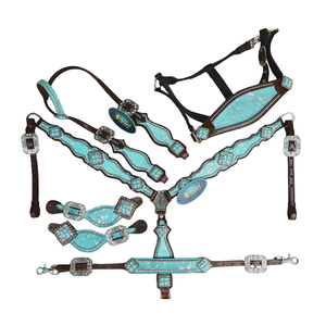Ensemble de sellerie pour cheval en cuir occidental bicolore peint à la main, en acier inoxydable, avec tête de cheval et collier de poitrail à motifs floraux, personnalisé pour l'équitation de spectacle - Product Image 1