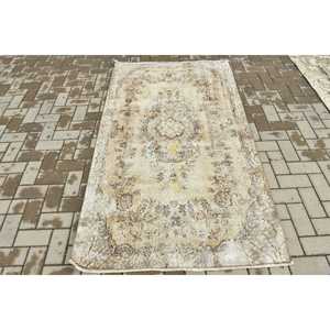 3.7x6.6 ft Rug, Vintage Turkish Rug, <b>Brown</b> Gray Check <b>Wool</b> Rug - Product Image 1