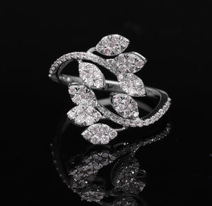 14K Gold Leaf Vine Ring with Natural Round Diamonds in Cluster and Pave Setting for Nature-<b>Inspired</b> Elegant Statement <b>Jewelry</b> - Product Image 2