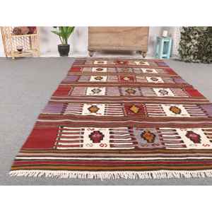 พรมคิลิมขนาด 4.8x8.5 ฟุต พรมวินเทจตุรกี พรมลายสัตว์สีแดงม่วง - Product Image 5