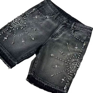 Moda de verano personalizada de secado rápido Vintage ácido lavado pantalones cortos Color sólido hasta la rodilla ropa de calle con técnica de diamantes de imitación - Product Image 4