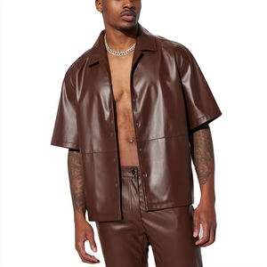 Pure PU Leather Casual Oversize Men's <b>Shirt</b> with Drop Shoulder Embroidered Custom Logo Heavyweight Fabric - Product Image 3