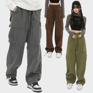 Pantalones Cargo Grises para Mujer, 100% Algodón, Corte Holgado, Cintura Media, Cordón Elástico, Largos, Estilo Casual, Color Sólido - Product Image 5