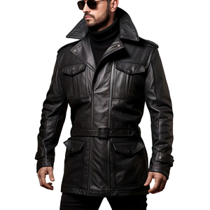 Manteau long d'hiver en cuir véritable noir imperméable respirant à boutons pour homme de qualité supérieure - Product Image 1