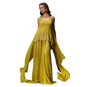 ชุด Sharara สีเขียวมะนาวพร้อมพู่ dupatta สำหรับจัดงานแต่งงานการต้อนรับเทศกาลและโอกาสทางวัฒนธรรมแบบดั้งเดิมและการเฉลิมฉลอง - Product Image 5