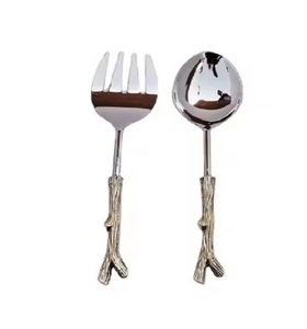 Luxury Stainless Steel Silver Polished Salad Server With <b>Twig</b> Handmade Handle Design Western Style Salad Server Set - Product Image 1