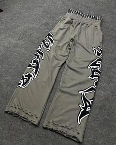 Pantalon de survêtement en coton 100% lourd, à double impression sur la taille, avec un effet délavé, pantalon évasé - Product Image 5