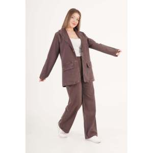 LUSTRIN <b>Women's</b> Washed Urban Brown Denim <b>Jacket</b> and Pants Two-Piece Set - Stylish Casual Cotton Outfit for Daily Wear - Product Image 1