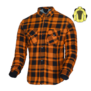 Camisa de Motociclista con Protección de Nivel 2 para Hombre y Mujer, Personalizada en Naranja y Negro, Resistente a la Abrasión, de Franela, Ignífuga, Anti-UV, con Cremallera YKK - Product Image 1