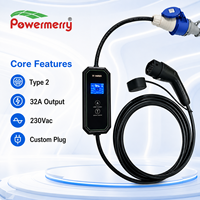 Chargeur EV portable 7kW 32A Type 2 230Vac avec prise de courant personnalisée pour les besoins de charge à domicile, au garage, en voyage et en cas d'urgence en Europe
