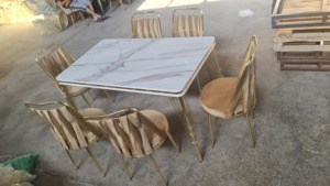 Modern Marble Top <b>Dining</b> <b>Table</b> Set with Gold Frame and Slat Back Chairs 6 Piece - Product Image 5