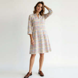 Vestido Midi Casual de Algodón y Lino con Manga Abullonada y Cintura Baja, Diseño a Cuadros Multicolor, con Recortes Modernos, Transpirable, para Mujer, Talla XS, Primavera - Product Image 1